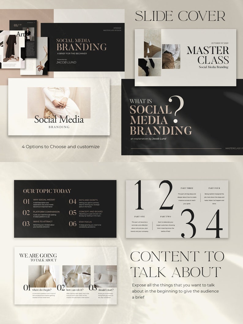 Op de afbeelding: Een zwart-witte presentatieslide met de tekst "Social Media Branding" en "Master Class" in een minimalistisch ontwerp. De dia bevat ook een lijst met onderwerpen voor een presentatie over social media branding.