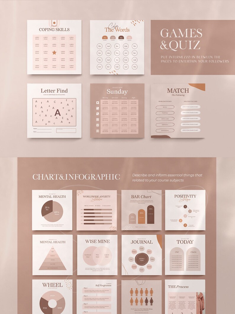 May include: A set of printable worksheets and charts for a mental health course. The worksheets include activities such as "Coping Skills", "Letter Find", "Sunday", and "Match the Following". The charts include "Mental Health", "Worldwide Anxiety", "Bar Chart", "Positivity", "Wise Mine", "Journal", "Today", and "The Process".
