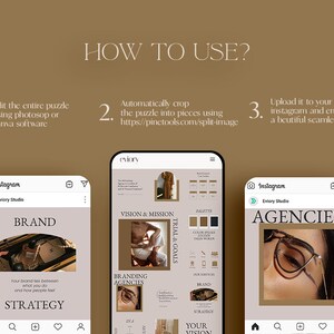 May include: A screenshot of a phone showing a tutorial on how to use a social media template. The template is a collage of three Instagram posts with a brown and beige color scheme. The text on the template reads "BRAND STRATEGY", "VISION & MISSION", and "AGENCIES".