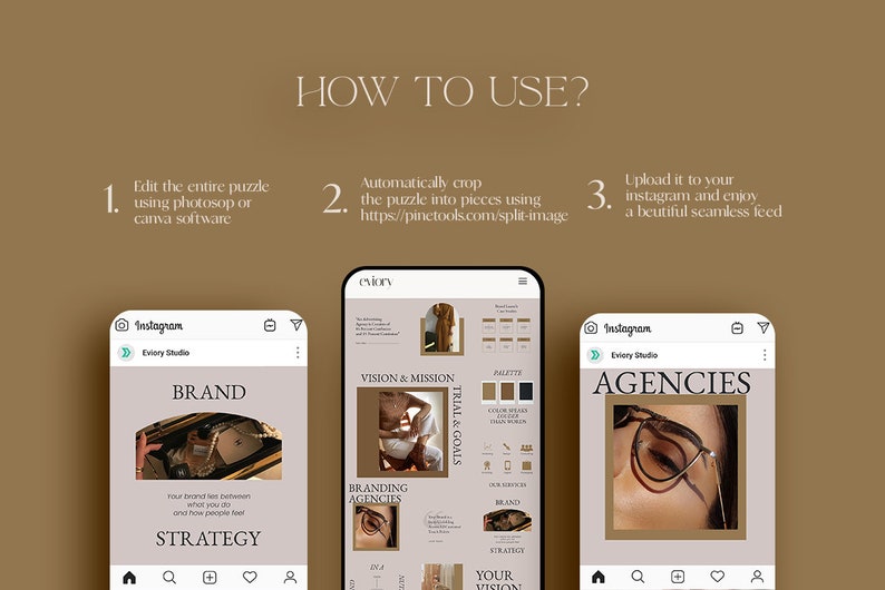 May include: A screenshot of a phone showing a tutorial on how to use a social media template. The template is a collage of three Instagram posts with a brown and beige color scheme. The text on the template reads "BRAND STRATEGY", "VISION & MISSION", and "AGENCIES".