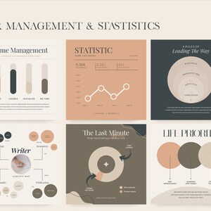 以下が含まれることがあります： ベージュとブラウンのカラーパレットを使用した6つの異なるチャートとグラフ。チャートのタイトルは、「タイムマネジメント」、「統計」、「リーダーシップの4つのルール」、「ライター」、「ラストミニッツ」、「ライフプライオリティ」です。