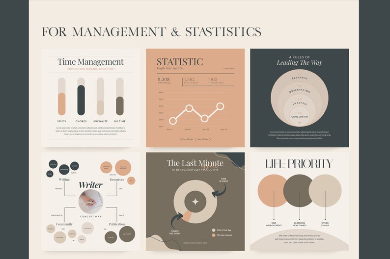 以下が含まれることがあります： ベージュとブラウンのカラーパレットを使用した6つの異なるチャートとグラフ。チャートのタイトルは、「タイムマネジメント」、「統計」、「リーダーシップの4つのルール」、「ライター」、「ラストミニッツ」、「ライフプライオリティ」です。