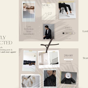 May include: A collage of images with text overlays. The text includes "REPEATLY CONNECTED", "Less Perfection More Authenticity", "MEMO", "TODAY'S COLOR MOOD", "25$ OFF", and "Start Post".