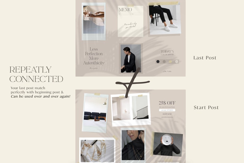 May include: A collage of images with text overlays. The text includes "REPEATLY CONNECTED", "Less Perfection More Authenticity", "MEMO", "TODAY'S COLOR MOOD", "25$ OFF", and "Start Post".