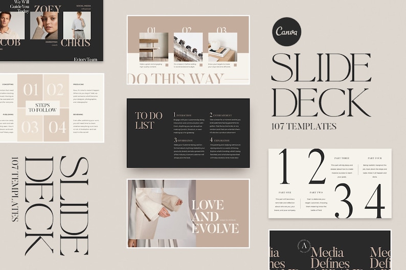 Op de afbeelding: Een set van 107 minimalistische diapresentatie sjablonen. De dia's hebben een neutrale kleurenpalet van zwart, wit en beige. De tekst op de dia's is in een modern, sans-serif lettertype. De dia's zijn ontworpen om schoon en professioneel te zijn, en ze kunnen voor verschillende doeleinden worden gebruikt, zoals zakelijke presentaties, marketingmaterialen en educatieve presentaties.