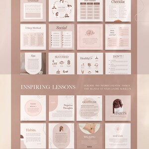 May include: A collage of pink and brown squares with text and illustrations. The text includes "Tips Hack and Clue", "Inspiring Lessons", "Gratitude", "Bad Habits", "3 Step Method", "Social", "Tips", "Succeed", "Healthy", "Don't!", "Negative Thoughts", "Positive Gratitude", "Habits", "Walking", "Self Care", "Sunday Habits", "Anxiety", "Positive", "Enthusiasm". The illustrations include yoga poses, a person meditating, a person walking, a person with a cup of tea, and a person with a book.