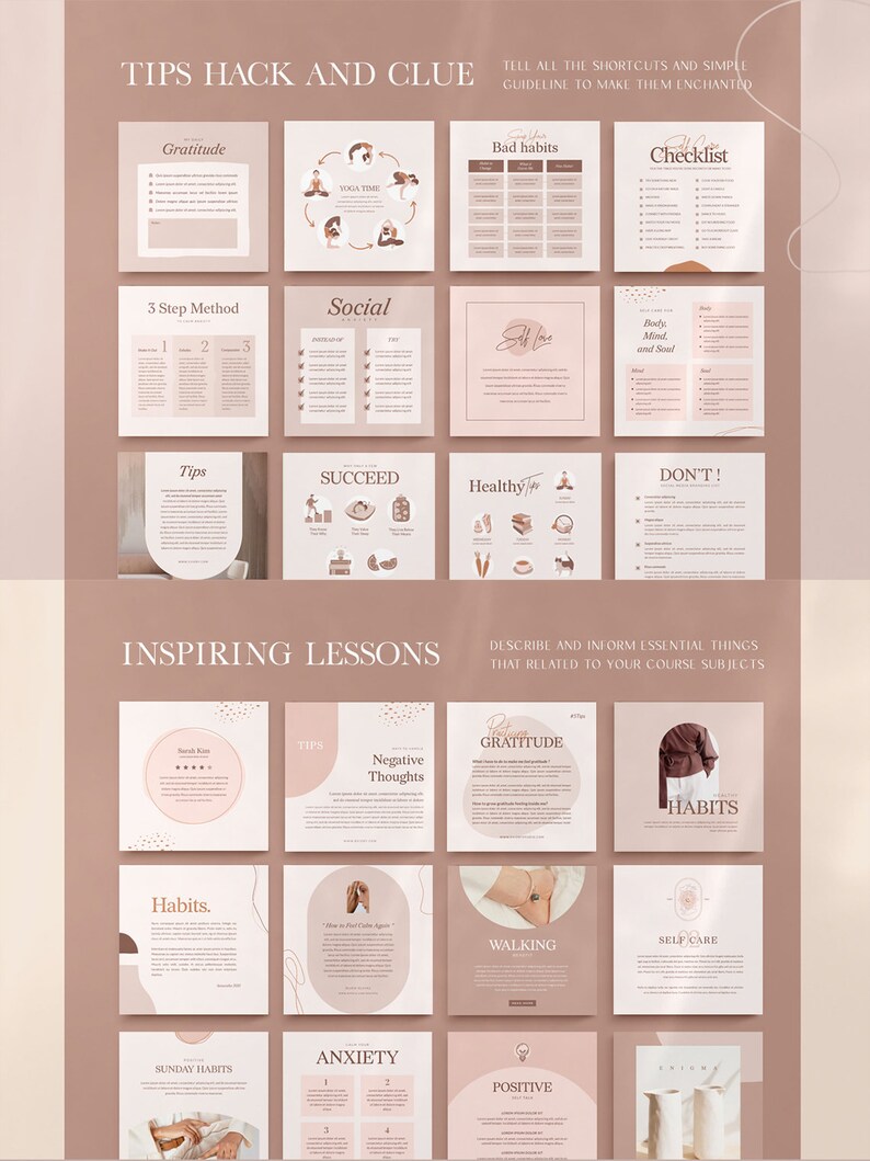 May include: A collage of pink and brown squares with text and illustrations. The text includes "Tips Hack and Clue", "Inspiring Lessons", "Gratitude", "Bad Habits", "3 Step Method", "Social", "Tips", "Succeed", "Healthy", "Don't!", "Negative Thoughts", "Positive Gratitude", "Habits", "Walking", "Self Care", "Sunday Habits", "Anxiety", "Positive", "Enthusiasm". The illustrations include yoga poses, a person meditating, a person walking, a person with a cup of tea, and a person with a book.