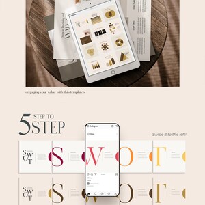 Puede incluir: Una gu&iacute;a de estrategia de marketing digital con un proceso de 5 pasos para crear un an&aacute;lisis FODA. La gu&iacute;a incluye una serie de gr&aacute;ficos y diagramas con un esquema de color dorado y marr&oacute;n. El texto "Step to 5 Step" aparece en una fuente grande.