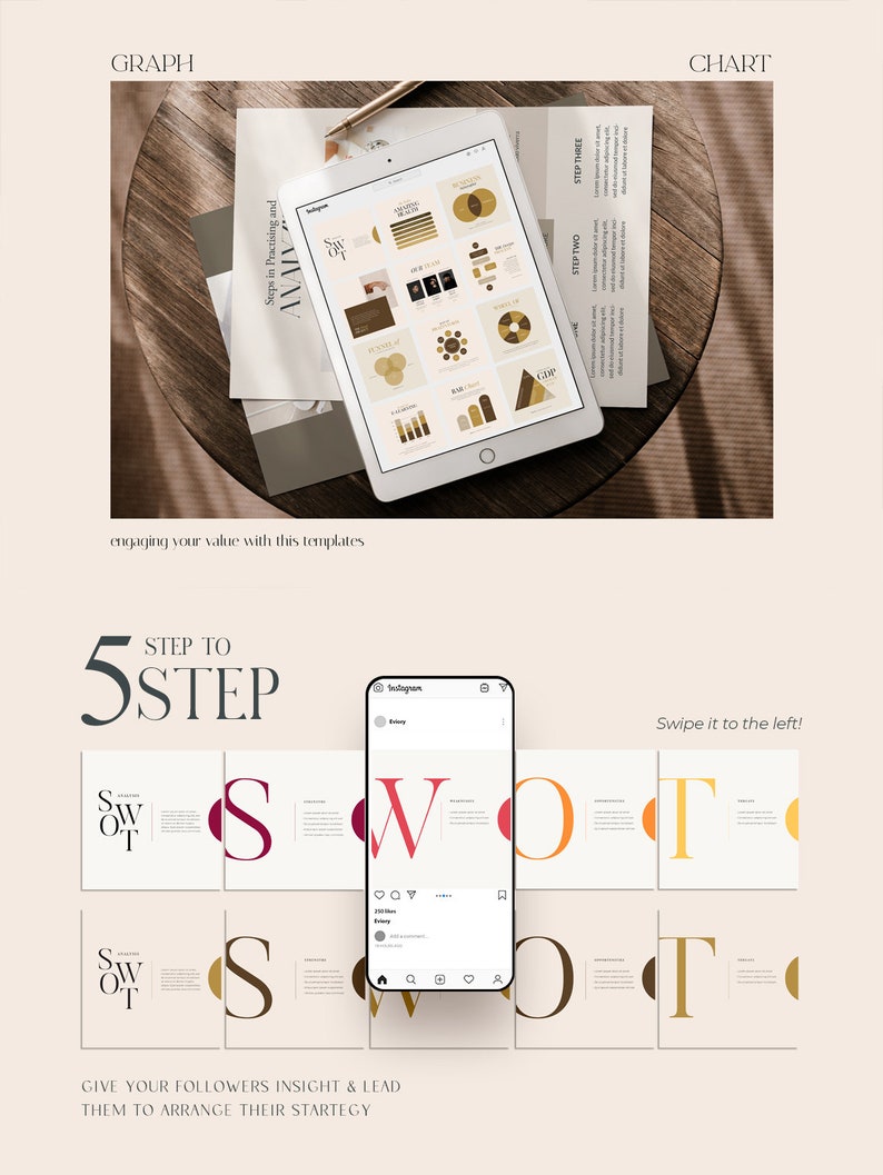 Puede incluir: Una gu&iacute;a de estrategia de marketing digital con un proceso de 5 pasos para crear un an&aacute;lisis FODA. La gu&iacute;a incluye una serie de gr&aacute;ficos y diagramas con un esquema de color dorado y marr&oacute;n. El texto "Step to 5 Step" aparece en una fuente grande.