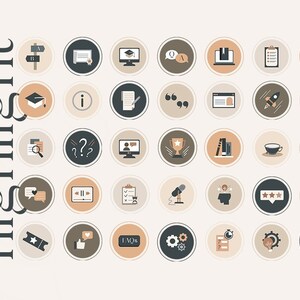 Puede incluir: Un conjunto de 30 iconos redondos para destacar en las redes sociales con diversos temas educativos y acad&eacute;micos. Los iconos son de estilo minimalista con una combinaci&oacute;n de colores beige, marr&oacute;n y negro. Los iconos incluyen un gorro de graduaci&oacute;n, un libro, un signo de interrogaci&oacute;n, un trofeo, una taza de caf&eacute;, un cohete, una mochila, un micr&oacute;fono, una estrella, un engranaje y m&aacute;s.
