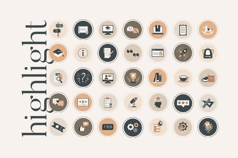 Puede incluir: Un conjunto de 30 iconos redondos para destacar en las redes sociales con diversos temas educativos y acad&eacute;micos. Los iconos son de estilo minimalista con una combinaci&oacute;n de colores beige, marr&oacute;n y negro. Los iconos incluyen un gorro de graduaci&oacute;n, un libro, un signo de interrogaci&oacute;n, un trofeo, una taza de caf&eacute;, un cohete, una mochila, un micr&oacute;fono, una estrella, un engranaje y m&aacute;s.