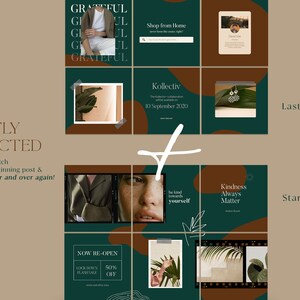 May include: A collage of nine images with a green and brown color scheme. The images include a person wearing a brown jacket, a plant, a woman's face, a text overlay that says "Kindness Always Matters", and a text overlay that says "Now Re-Open".