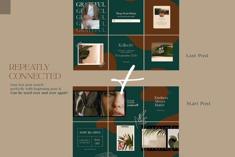 May include: A collage of nine images with a green and brown color scheme. The images include a person wearing a brown jacket, a plant, a woman's face, a text overlay that says "Kindness Always Matters", and a text overlay that says "Now Re-Open".
