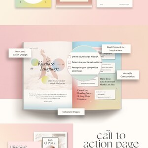 Pu&ograve; includere: Un quaderno di lavoro di marketing digitale rosa e blu con il testo "space to write" e "Kindness is the Language". Il quaderno di lavoro include suggerimenti su branding, creazione di contenuti e attrazione di lettori.