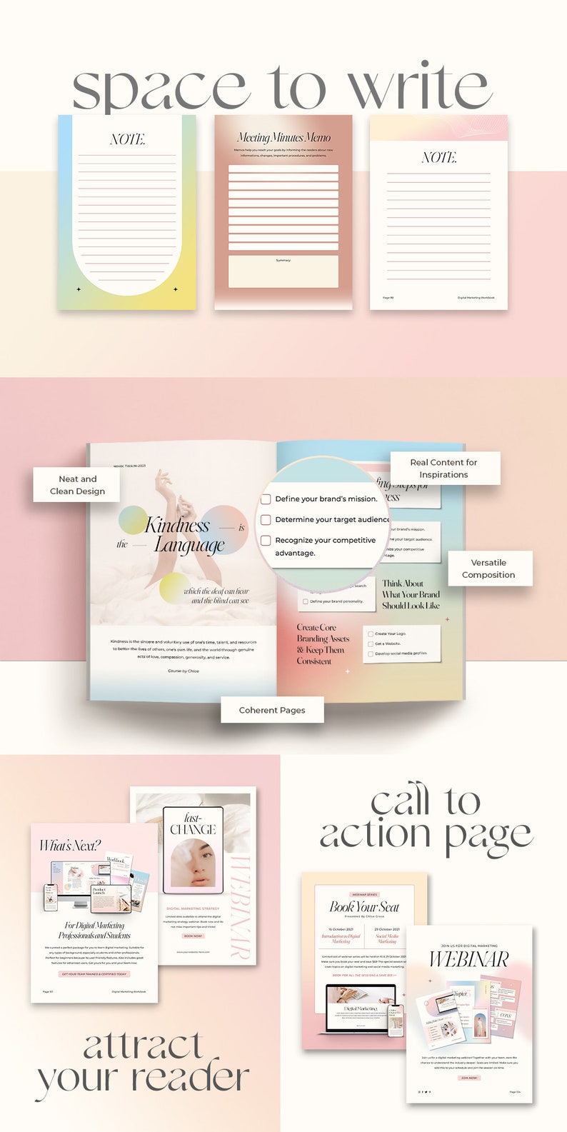 Pu&ograve; includere: Un quaderno di lavoro di marketing digitale rosa e blu con il testo "space to write" e "Kindness is the Language". Il quaderno di lavoro include suggerimenti su branding, creazione di contenuti e attrazione di lettori.