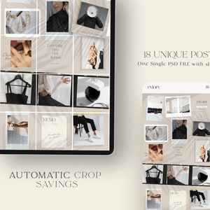 May include: A digital mockup of a phone screen displaying 18 unique social media post templates. The templates feature a variety of images, including a woman wearing a black turtleneck, a necklace, and a black top. The text "18 UNIQUE POST" and "One Single PSD FILE with slices" is displayed on the screen. The text "eviorv" is also displayed on the screen.