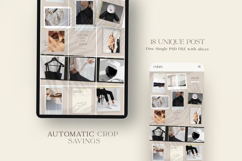 May include: A digital mockup of a phone screen displaying 18 unique social media post templates. The templates feature a variety of images, including a woman wearing a black turtleneck, a necklace, and a black top. The text "18 UNIQUE POST" and "One Single PSD FILE with slices" is displayed on the screen. The text "eviorv" is also displayed on the screen.