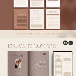 May include: A set of six printable cheat sheets for business owners and entrepreneurs. The cheat sheets cover topics such as developing leadership skills, choosing the right social media platforms, and creating engaging content. The cheat sheets are designed in a minimalist style with a brown and beige color scheme.