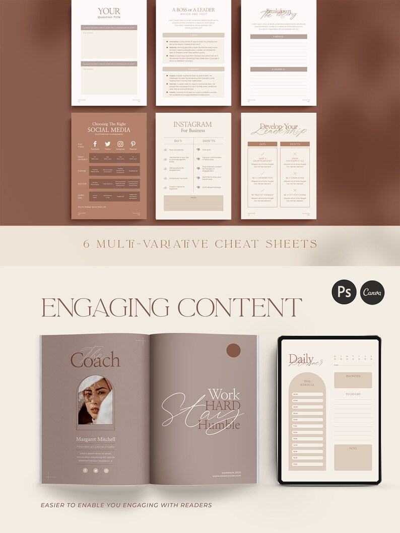 May include: A set of six printable cheat sheets for business owners and entrepreneurs. The cheat sheets cover topics such as developing leadership skills, choosing the right social media platforms, and creating engaging content. The cheat sheets are designed in a minimalist style with a brown and beige color scheme.