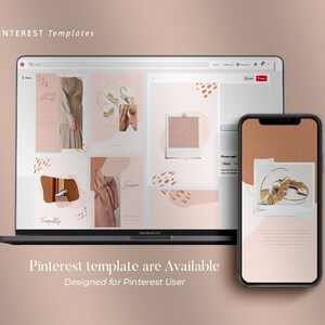 May include: A laptop screen displaying a collection of 22 Pinterest templates with a pink and brown color scheme. The templates feature abstract shapes, gold accents, and text. A mobile phone displaying a similar template with a gold earring is shown below the laptop.