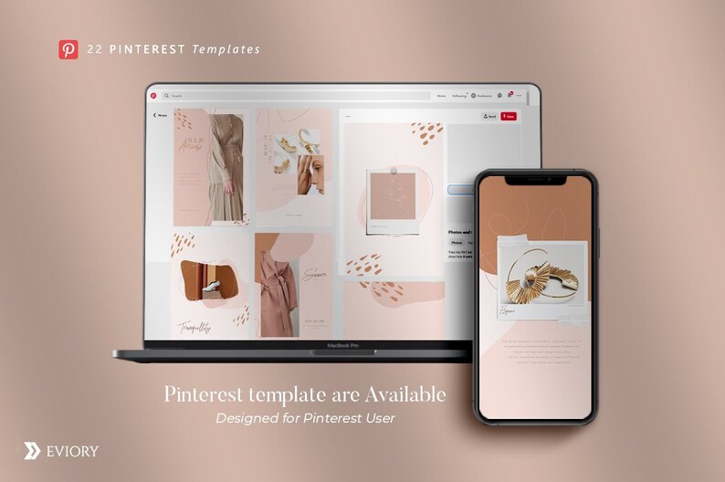 May include: A laptop screen displaying a collection of 22 Pinterest templates with a pink and brown color scheme. The templates feature abstract shapes, gold accents, and text. A mobile phone displaying a similar template with a gold earring is shown below the laptop.