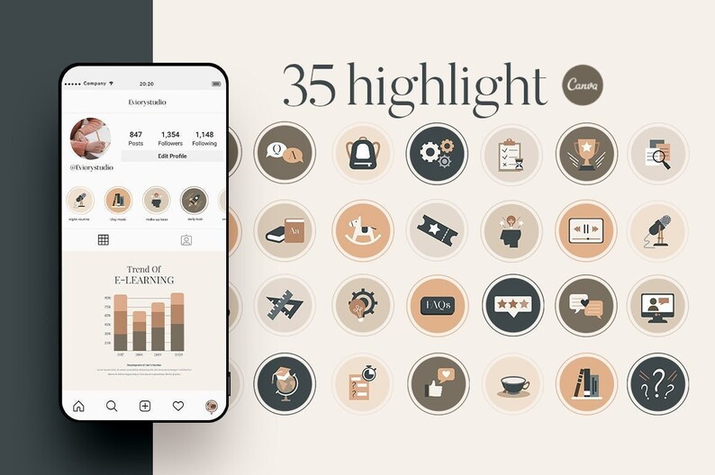 Puede incluir: Treinta y cinco iconos de destacados de historias de Instagram dispuestos en una cuadr&iacute;cula. Los iconos son de estilo minimalista con un esquema de color marr&oacute;n, beige y negro. Los iconos representan varios temas educativos, como libros, una gorra de graduaci&oacute;n, una bombilla, un signo de interrogaci&oacute;n, un micr&oacute;fono, una estrella, un trofeo, una computadora port&aacute;til, un reloj, una regla, un l&aacute;piz, una mochila, una burbuja de chat, un bot&oacute;n de reproducci&oacute;n, un coraz&oacute;n, una taza de caf&eacute; y un boleto. El texto "35 highlight" est&aacute; en la parte superior de la imagen.