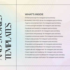 Puede incluir: Un gr&aacute;fico con un fondo rosa, azul y blanco con un patr&oacute;n ondulado. El texto "230 POST AND STORIES TEMPLATES" est&aacute; en el lado izquierdo del gr&aacute;fico. El texto "WHAT'S INSIDE" est&aacute; en el lado derecho del gr&aacute;fico. El gr&aacute;fico enumera 12 tipos diferentes de plantillas de publicaciones e historias de Instagram.