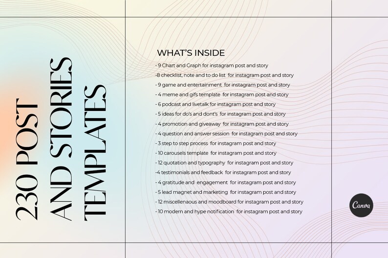 Puede incluir: Un gr&aacute;fico con un fondo rosa, azul y blanco con un patr&oacute;n ondulado. El texto "230 POST AND STORIES TEMPLATES" est&aacute; en el lado izquierdo del gr&aacute;fico. El texto "WHAT'S INSIDE" est&aacute; en el lado derecho del gr&aacute;fico. El gr&aacute;fico enumera 12 tipos diferentes de plantillas de publicaciones e historias de Instagram.