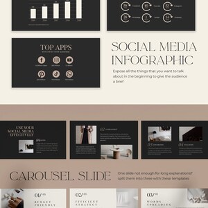 Op de afbeelding: Een zwart-witte infographic met de titel "Social Media Infographic". De infographic laat zien hoeveel tijd mensen dagelijks op sociale media doorbrengen en de top sociale media-apps per aantal gebruikers. De infographic bevat ook een carrouseldia met vier verschillende dia's, elk met een ander onderwerp met betrekking tot sociale media.
