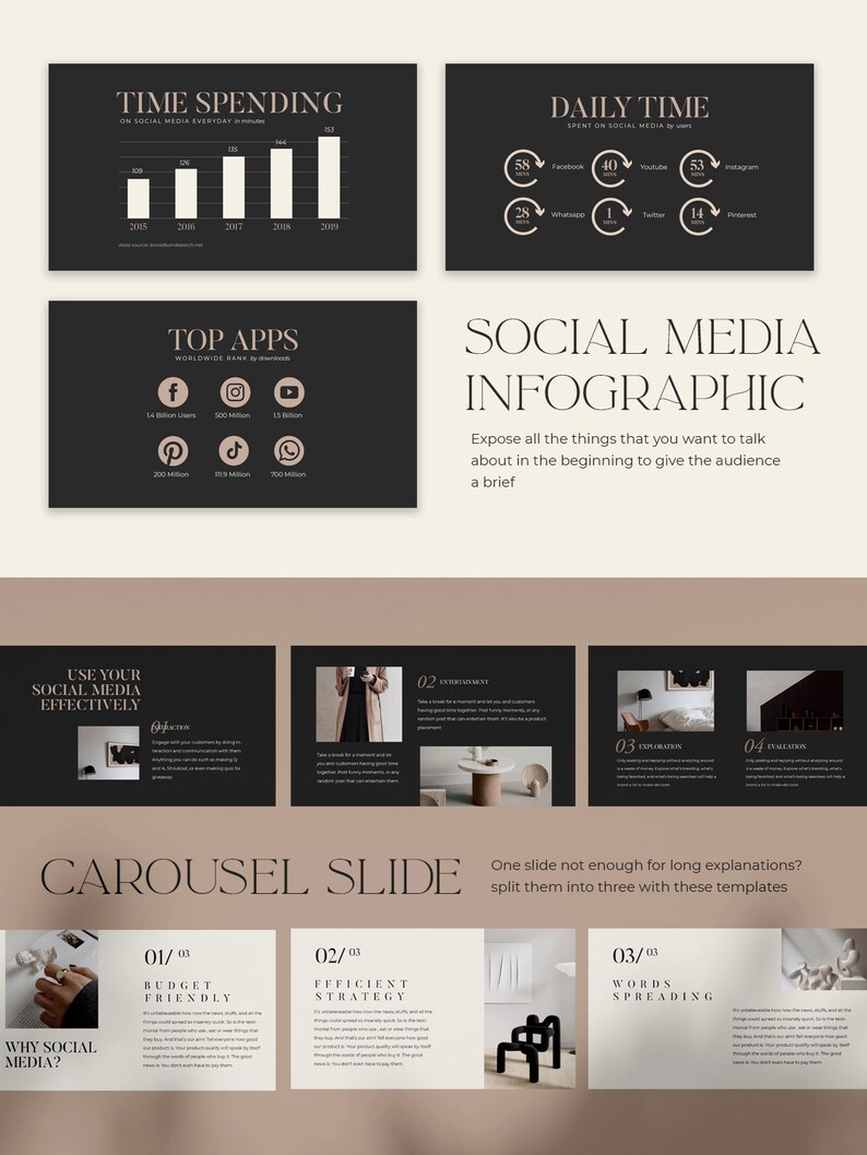 Op de afbeelding: Een zwart-witte infographic met de titel "Social Media Infographic". De infographic laat zien hoeveel tijd mensen dagelijks op sociale media doorbrengen en de top sociale media-apps per aantal gebruikers. De infographic bevat ook een carrouseldia met vier verschillende dia's, elk met een ander onderwerp met betrekking tot sociale media.