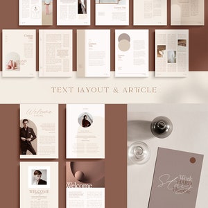 May include: A mockup of a magazine layout with a brown and beige color scheme. The magazine features a variety of content, including testimonials, text layouts, and articles. The magazine also includes a table of contents and a course outline.