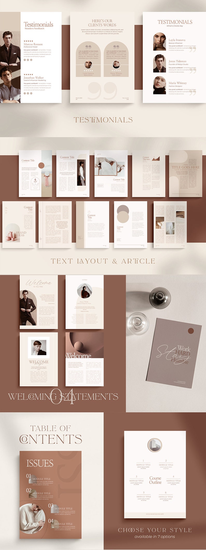 May include: A mockup of a magazine layout with a brown and beige color scheme. The magazine features a variety of content, including testimonials, text layouts, and articles. The magazine also includes a table of contents and a course outline.