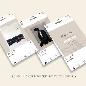 May include: Three Instagram post previews showing different content. The first post shows a photo of a black sofa with a wooden coffee table. The second post shows a photo of a person wearing a black jacket. The third post shows a beige background with the text "25$ OFF for your first purchase use code ETHOS SHOP NOW".