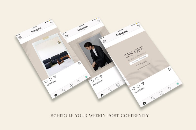 May include: Three Instagram post previews showing different content. The first post shows a photo of a black sofa with a wooden coffee table. The second post shows a photo of a person wearing a black jacket. The third post shows a beige background with the text "25$ OFF for your first purchase use code ETHOS SHOP NOW".
