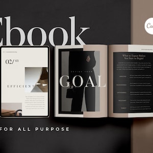 May include: A black and white ebook cover with the text "Ebook" in large white letters at the top. The cover also features the text "02/03" and "EFFICIENT" in white letters on a black background. The text "GOAL" is in large white letters on a black background. The text "FOR ALL PURPOSE" is in white letters on a black background. The ebook cover also includes the text "What to Expect Before You Start to Begin?" in black letters on a white background. The text "Canva" is in white letters on a black background.