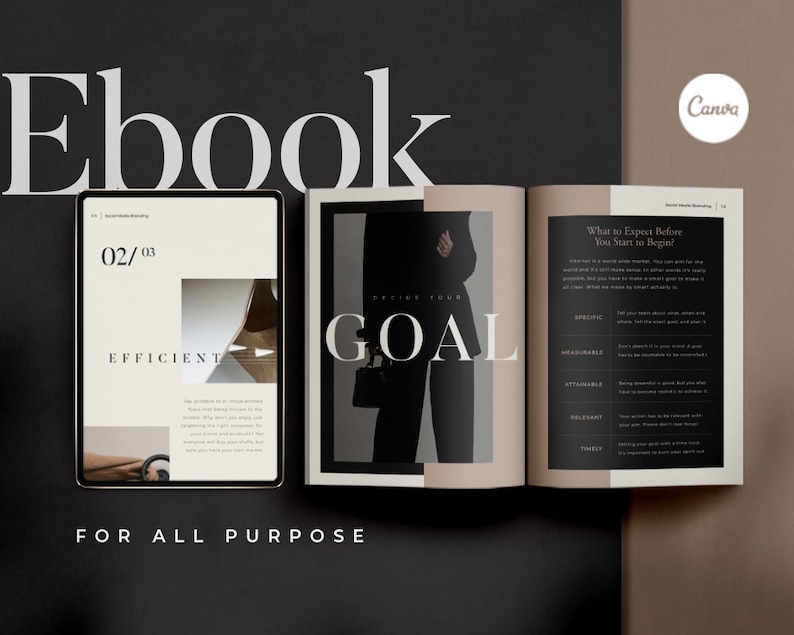 May include: A black and white ebook cover with the text "Ebook" in large white letters at the top. The cover also features the text "02/03" and "EFFICIENT" in white letters on a black background. The text "GOAL" is in large white letters on a black background. The text "FOR ALL PURPOSE" is in white letters on a black background. The ebook cover also includes the text "What to Expect Before You Start to Begin?" in black letters on a white background. The text "Canva" is in white letters on a black background.