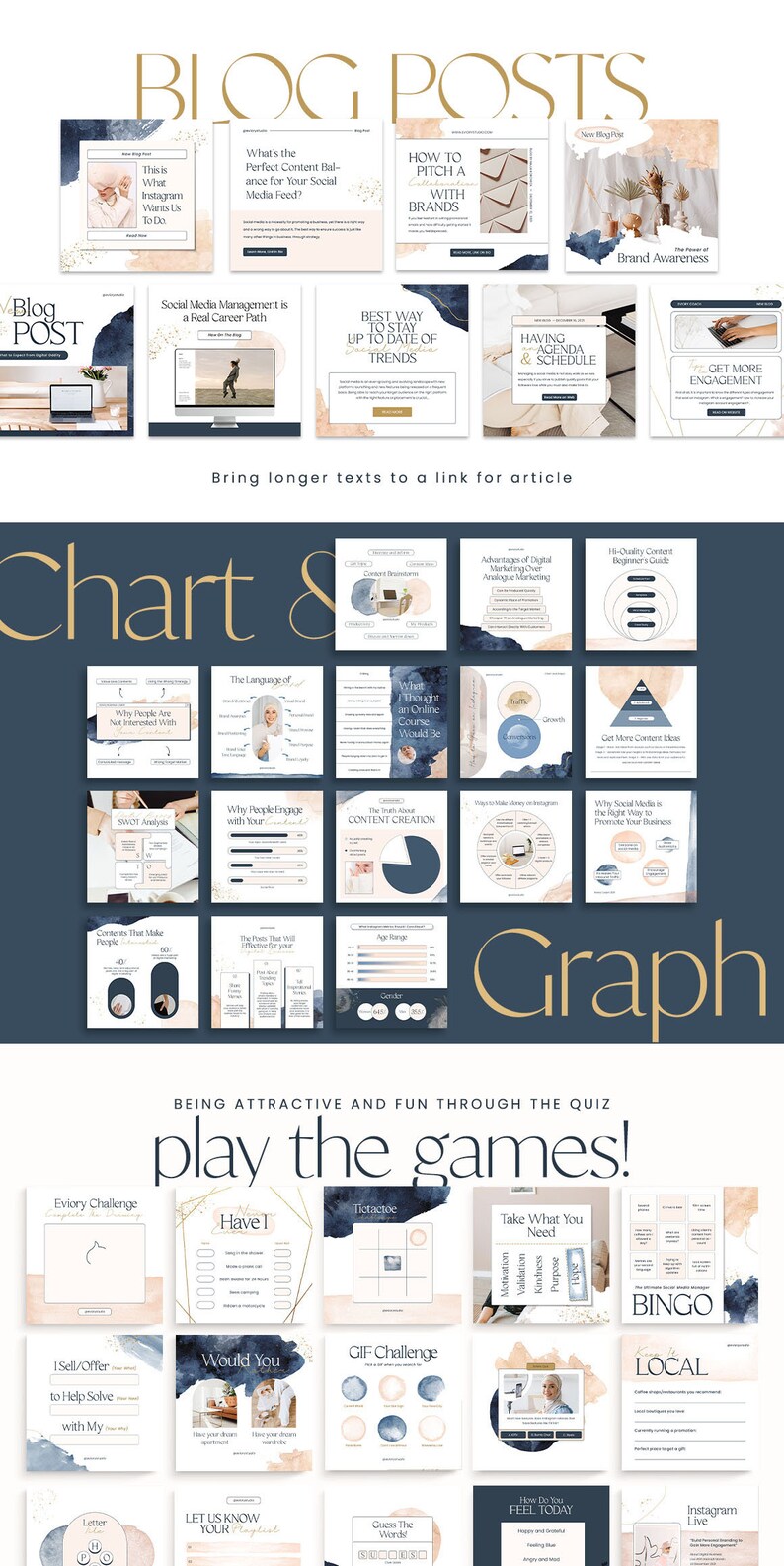 以下が含まれることがあります： ソーシャルメディアマーケティングのヒントが書かれた画像のコラージュ。ブランドへのアプローチ方法、トレンドの把握方法、魅力的なコンテンツの作成方法などが含まれています。画像は、青、ピンク、ゴールドなど、さまざまな色とテクスチャで構成されています。