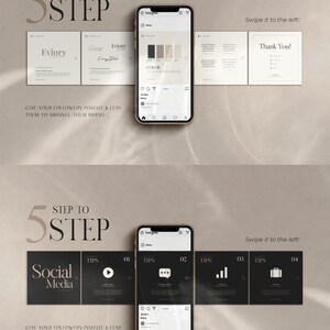 May include: A mockup of a phone screen showing a five-step guide to building a brand on social media. The steps are: 1. Color, 2. Tips, 3. Tips, 4. Tips, 5. Tips. The phone is on a light brown surface with shadows.