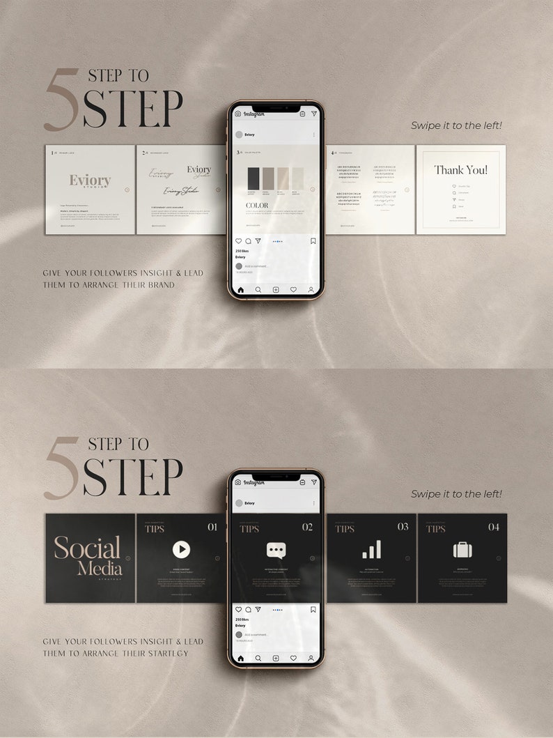 May include: A mockup of a phone screen showing a five-step guide to building a brand on social media. The steps are: 1. Color, 2. Tips, 3. Tips, 4. Tips, 5. Tips. The phone is on a light brown surface with shadows.