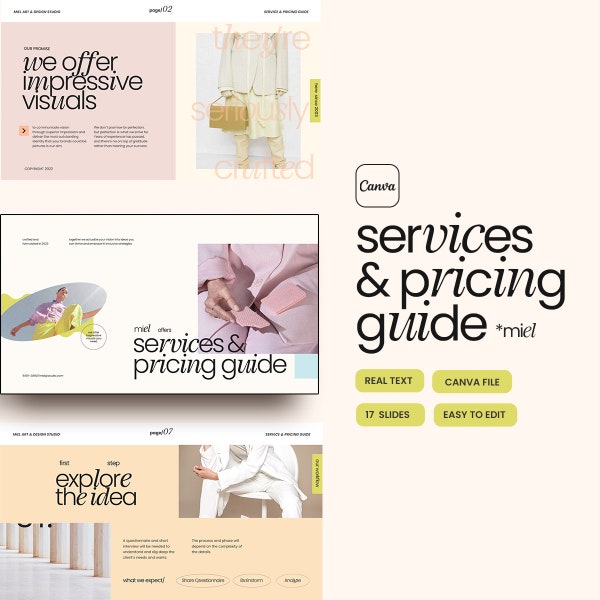 Service and Pricing Guide . Welcome Kit Proposal template. Company Profile. Portfolio Service List. Pitch Deck. Canva Template Presentation