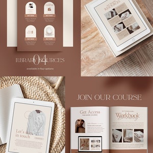 May include: A digital marketing resource library with four different options for purchase. The library includes a branding workbook, coaching workbook, influencer workbook, and education workbook. The library is available in four options. The image also shows a tablet with a light brown background and the text "Let's stay in touch".