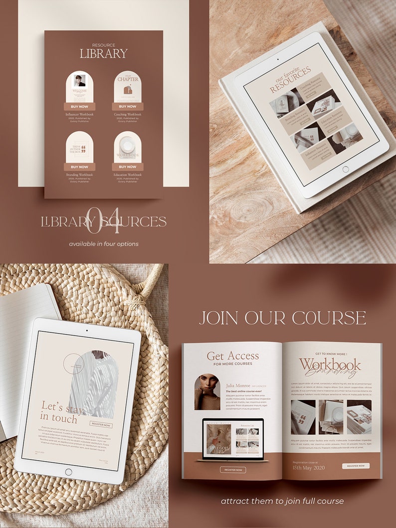 May include: A digital marketing resource library with four different options for purchase. The library includes a branding workbook, coaching workbook, influencer workbook, and education workbook. The library is available in four options. The image also shows a tablet with a light brown background and the text "Let's stay in touch".
