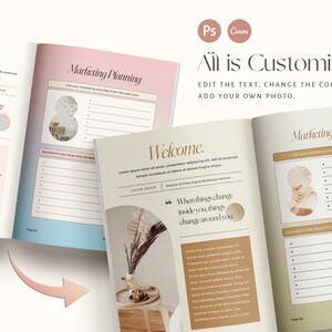 Pu&ograve; includere: Un libro aperto con una copertina rosa e beige. Il libro ha una sezione di benvenuto con una citazione sul cambiamento e una sezione di pianificazione del marketing con un elenco di attivit&agrave;. Il testo "Tutto &egrave; personalizzabile" &egrave; visualizzato sopra il libro.