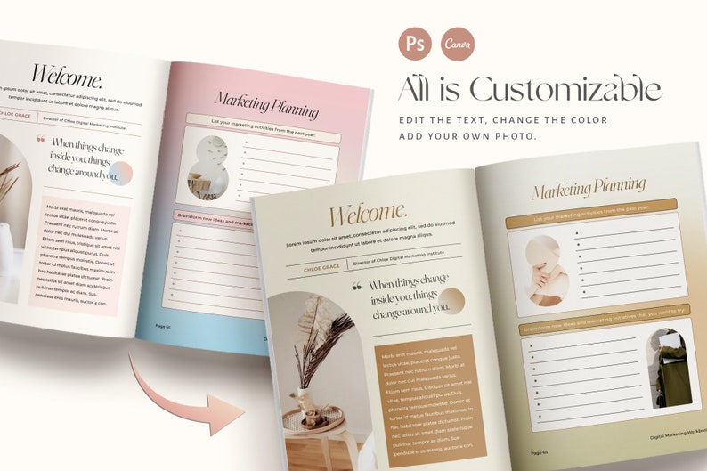 Pu&ograve; includere: Un libro aperto con una copertina rosa e beige. Il libro ha una sezione di benvenuto con una citazione sul cambiamento e una sezione di pianificazione del marketing con un elenco di attivit&agrave;. Il testo "Tutto &egrave; personalizzabile" &egrave; visualizzato sopra il libro.