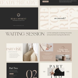 Op de afbeelding: Een grafische weergave van een wachttijd met de tekst "Get Ready" in een beige en zwart kleurenschema. De grafische weergave bevat een aftelklok, een sectie voor aankondigingen en een sectie voor de cursusoverzicht. De cursusoverzicht bevat twee delen: Deel E&eacute;n en Deel Twee. De grafische weergave bevat ook de tekst "Bear a Moment" en "Waiting Session".