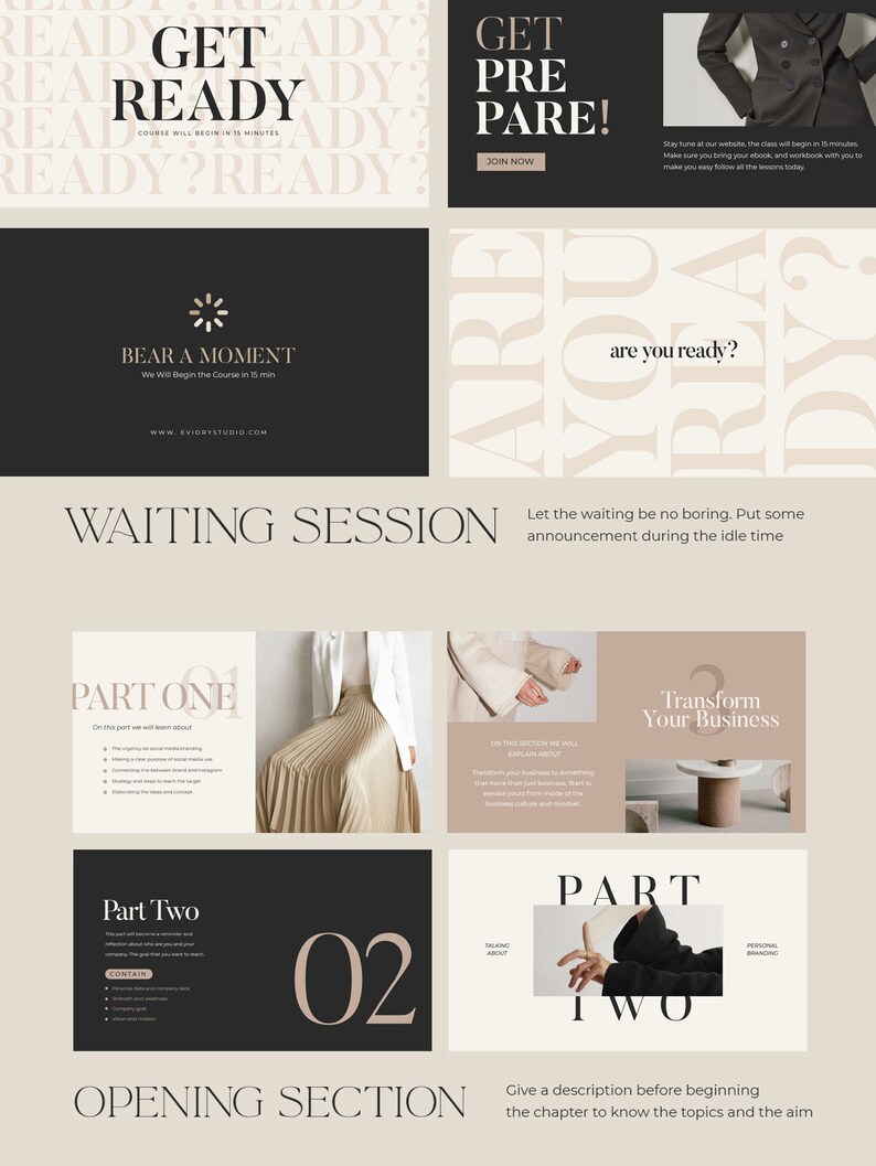Op de afbeelding: Een grafische weergave van een wachttijd met de tekst "Get Ready" in een beige en zwart kleurenschema. De grafische weergave bevat een aftelklok, een sectie voor aankondigingen en een sectie voor de cursusoverzicht. De cursusoverzicht bevat twee delen: Deel E&eacute;n en Deel Twee. De grafische weergave bevat ook de tekst "Bear a Moment" en "Waiting Session".
