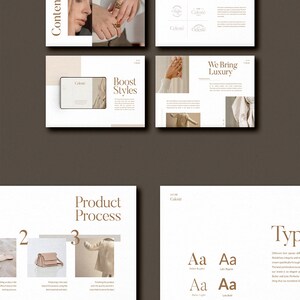 May include: A presentation slide deck with a beige background and brown text. The slide deck is for a brand called "Colest&eacute;" and features a product process, logo variations, and typography examples.
