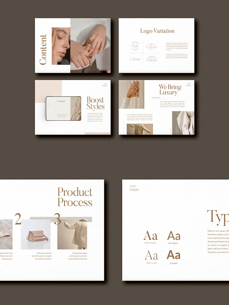 May include: A presentation slide deck with a beige background and brown text. The slide deck is for a brand called "Colest&eacute;" and features a product process, logo variations, and typography examples.