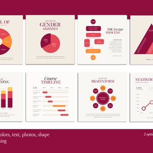 Puede incluir: Un conjunto de ocho plantillas de infograf&iacute;a con diferentes tipos de gr&aacute;ficos, incluyendo gr&aacute;ficos circulares, gr&aacute;ficos de barras, gr&aacute;ficos de l&iacute;neas y diagramas de &aacute;rbol. Los gr&aacute;ficos son de estilo minimalista con un esquema de color rojo, naranja y amarillo.