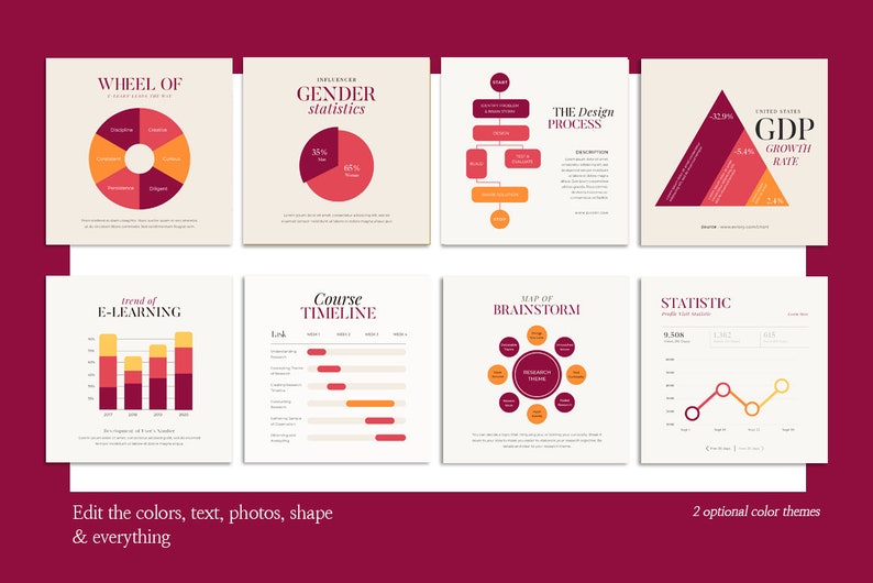 Puede incluir: Un conjunto de ocho plantillas de infograf&iacute;a con diferentes tipos de gr&aacute;ficos, incluyendo gr&aacute;ficos circulares, gr&aacute;ficos de barras, gr&aacute;ficos de l&iacute;neas y diagramas de &aacute;rbol. Los gr&aacute;ficos son de estilo minimalista con un esquema de color rojo, naranja y amarillo.